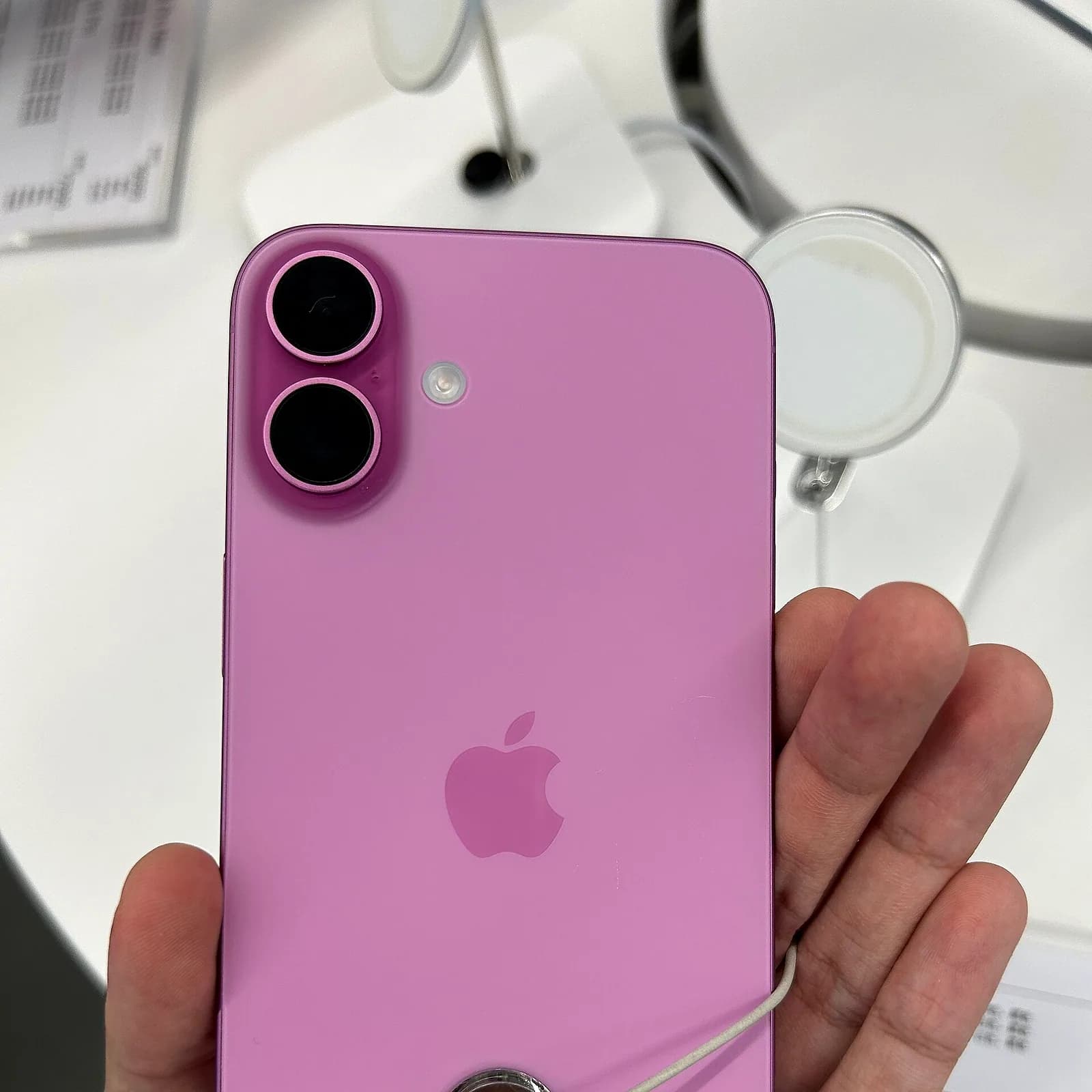 iPhone 16 Plus en color rosa, vista trasera